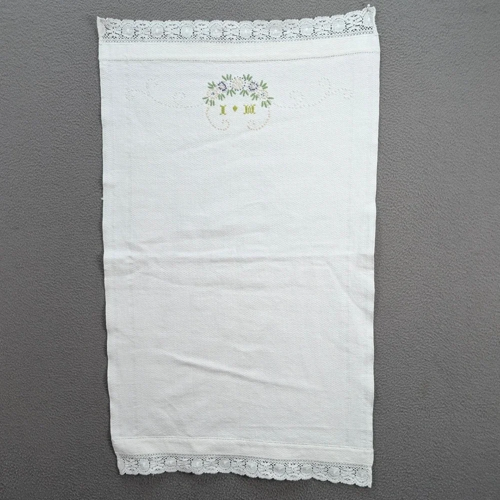Vintage Lof of‎ 6 Embroidered Hand Towel Linen Floral Lace Trim Kitchen Boho
